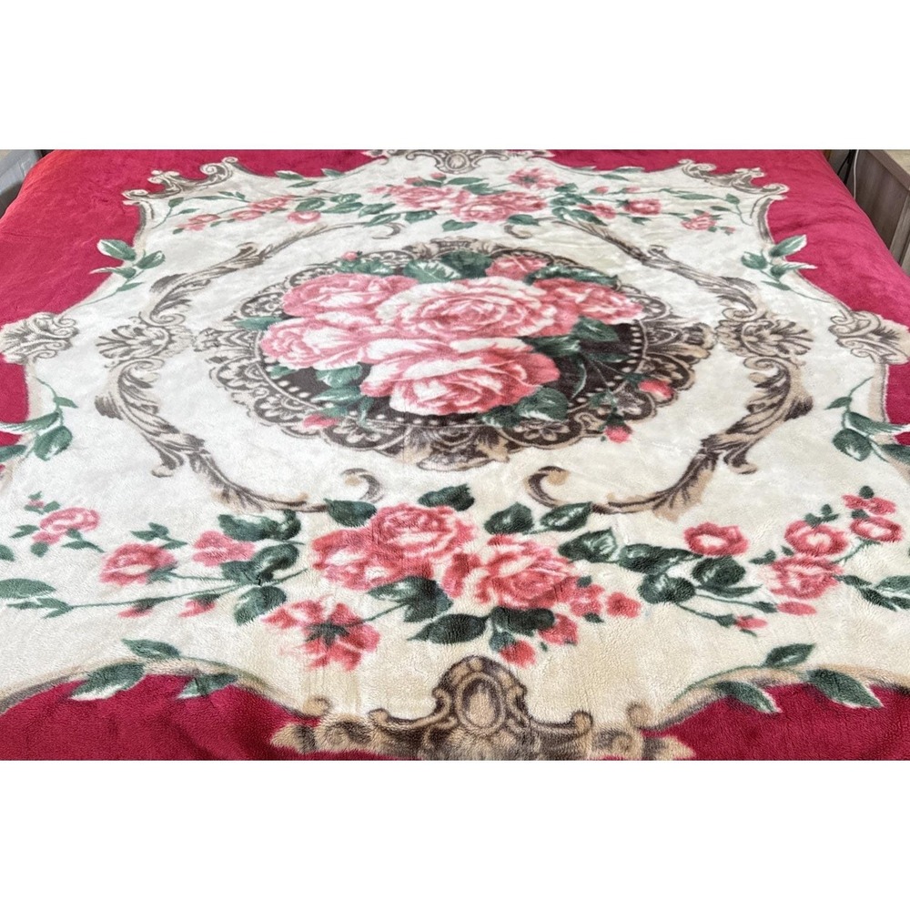 Vtg Korean Mink Style Plush King Size Blanket Floral Roses Heavy Warm Reversible